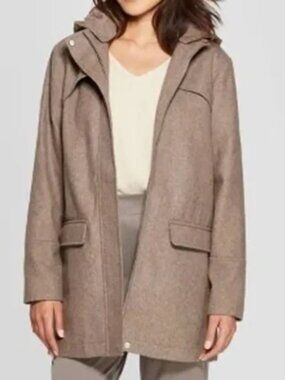 Wool Blend Coat Tailored Zip Front Classic Hooded Taupe A New Day L
